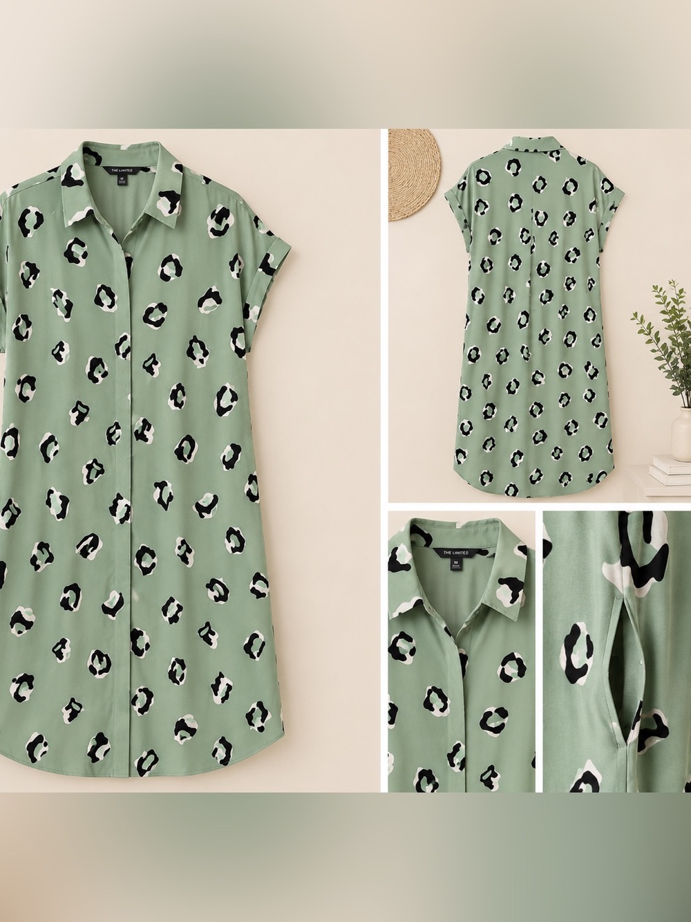 The Limited Sage Green Leopard Print Shirt Dress | Medium | Versatile Comfort